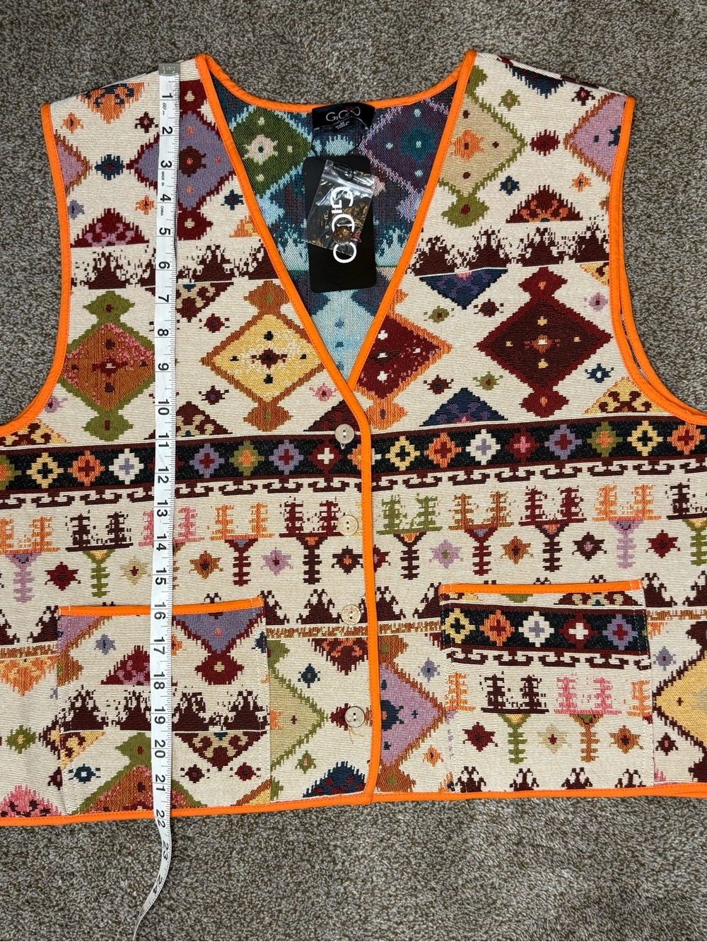 Multicolor Geometric Knit Vest with Orange Trim - Picture 4 of 5